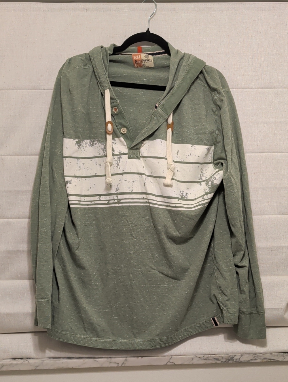 Ruff Hewn Men's Sage Green Hooded Long-Sleeve with Distressed White Stripes